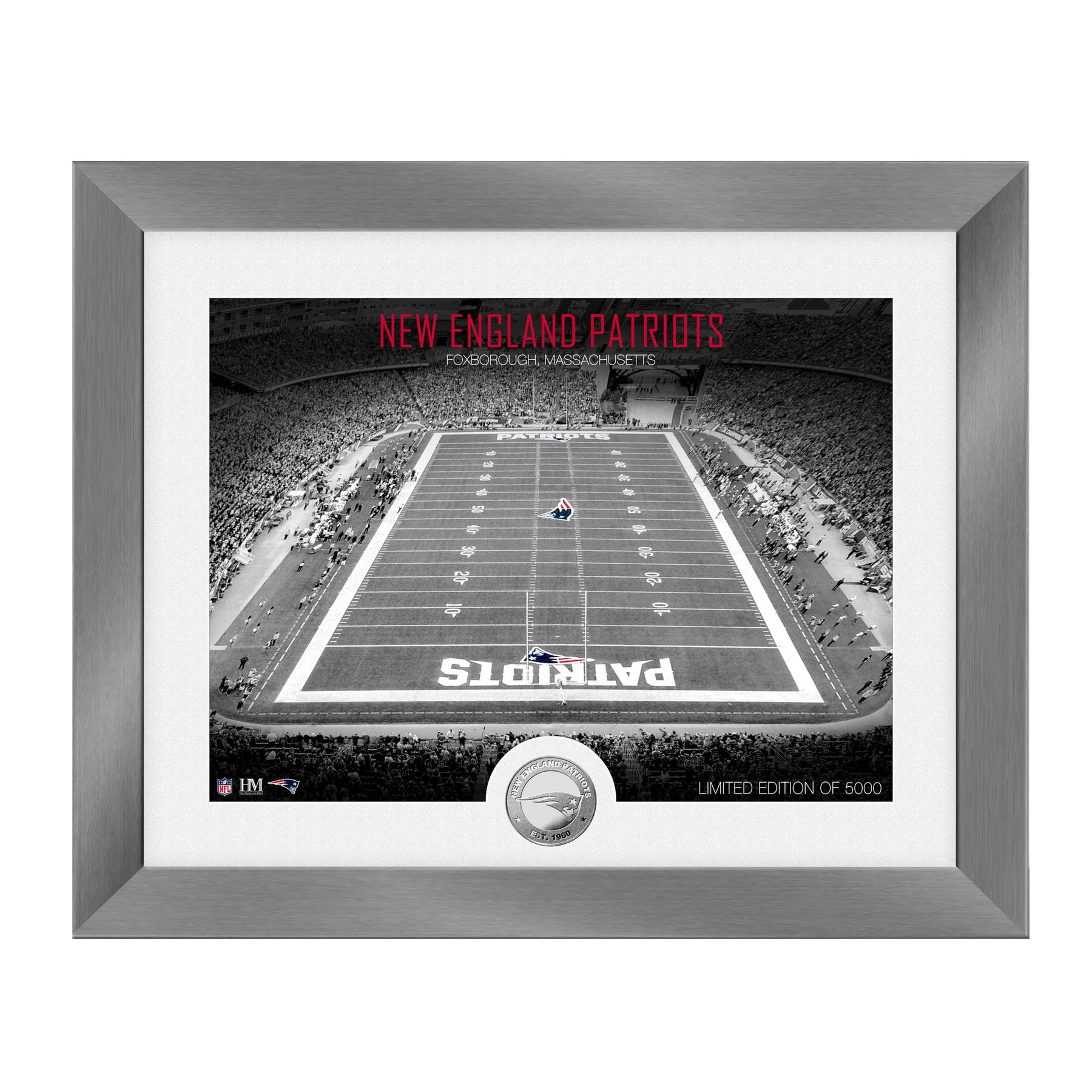 New England Patriots Art Deco Stadium Silver Coin in Framed Photo