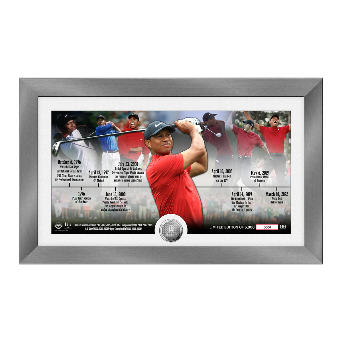 TIGER WOODS Championship Timeline Silver Coin in Framed Photo